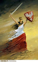 alegoryczny obraz- kobieta otulona barwami narodowymi stojąca na gruzach z mieczem w prawej ręce i czerwoną tarcza z białym orłem w lewej rece 